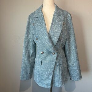 Sason Textured Double-Breasted Blazer – Blue – Size L (US 8/10)